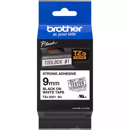 Picture of BROTHER TZE-S221 STRONG ADHESIVE LABELLING TAPE 9MM BLACK ON WHITE