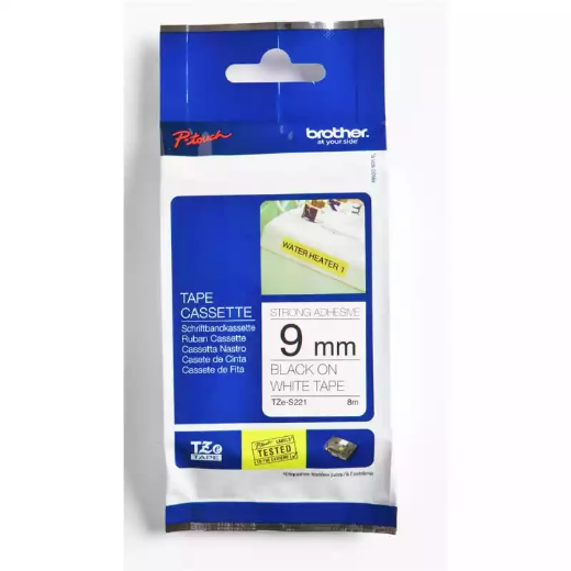 Picture of BROTHER TZE-S221 STRONG ADHESIVE LABELLING TAPE 9MM BLACK ON WHITE