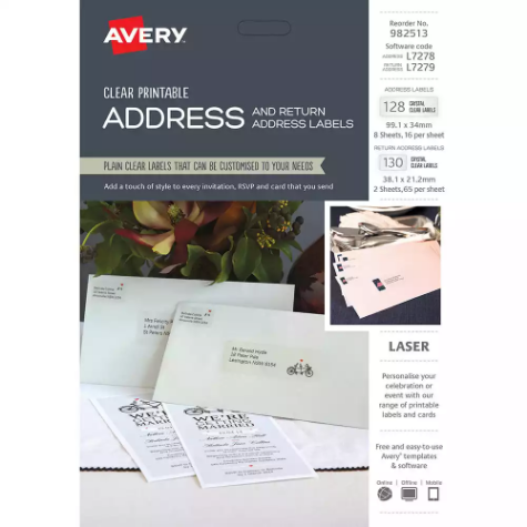 Picture of AVERY 982513 L7278 L7279 ADDRESS AND RETURN ADDRESS LABELS CLEAR PACK 258