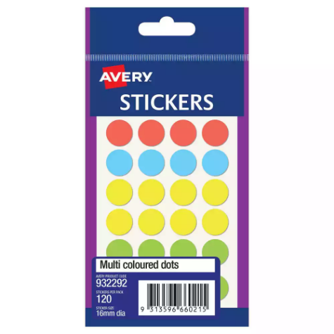 Picture of AVERY 932292 MULTI-PURPOSE STICKERS CIRCLE 16MM MULTI COLOURED PACK 140