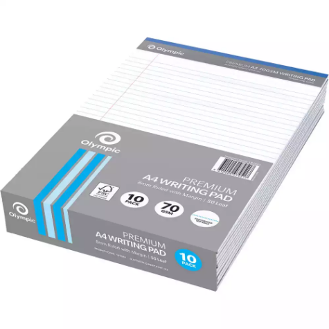 Picture of OLYMPIC PREMIUM WRITING PAD 8MM RULED 70GSM 100 PAGE A4 WHITE PACK 10