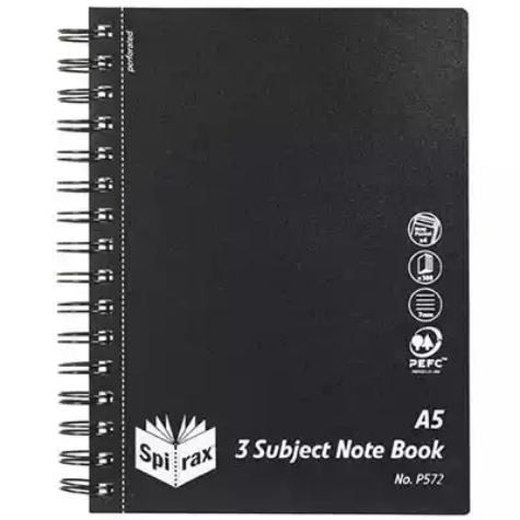 Picture of SPIRAX P572 3-SUBJECT NOTEBOOK 7MM RULED SIDE OPEN 300 PAGE A5 BLACK