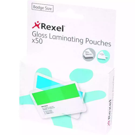 Picture of REXEL GLOSS LAMINATING POUCH 180 MICRON BADGE SIZE 67 X 98MM CLEAR PACK 50