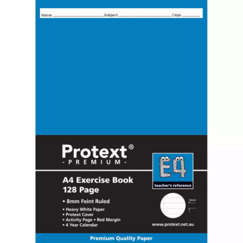 Picture of PROTEXT E4 PREMIUM EXERCISE BOOK RULED 8MM 70GSM 128 PAGE A4 ASSORTED