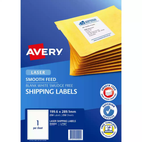 Picture of AVERY 959091 L7167 SHIPPING LABEL SMOOTH FEED LASER 1UP WHITE PACK 250