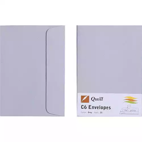 Picture of QUILL C6 COLOURED ENVELOPES PLAINFACE STRIP SEAL 80GSM 114 X 162MM GREY PACK 25