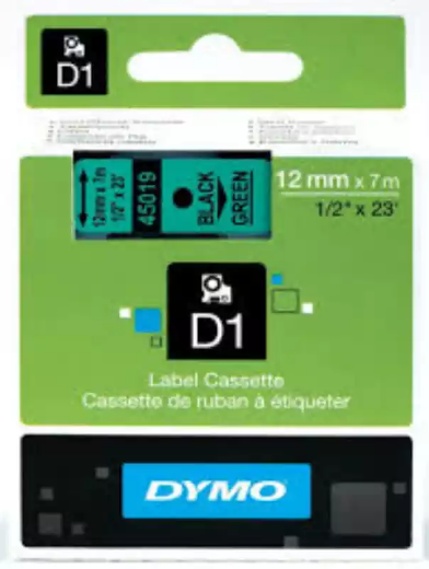 Picture of DYMO 45019 D1 LABELLING TAPE 12MM X 7M BLACK ON GREEN