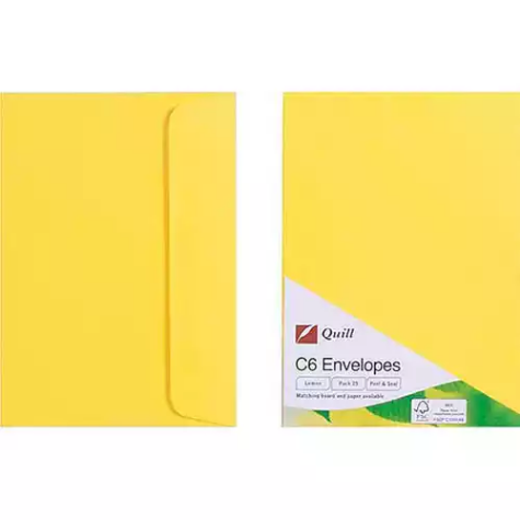 Picture of QUILL C6 COLOURED ENVELOPES PLAINFACE STRIP SEAL 80GSM 114 X 162MM LEMON PACK 25