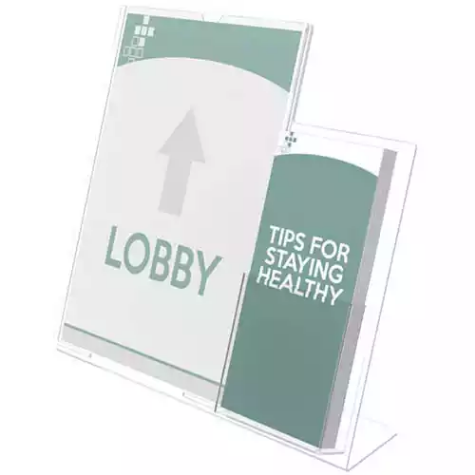 Picture of DEFLECTO SIGN HOLDER SLANTED PORTRAIT WITH SIDE DL BROCHURE POCKET A4 CLEAR