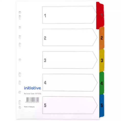 Picture of INITIATIVE INDEX DIVIDERS A4 1-5 TAB WHITE WITH COLOURED TABS
