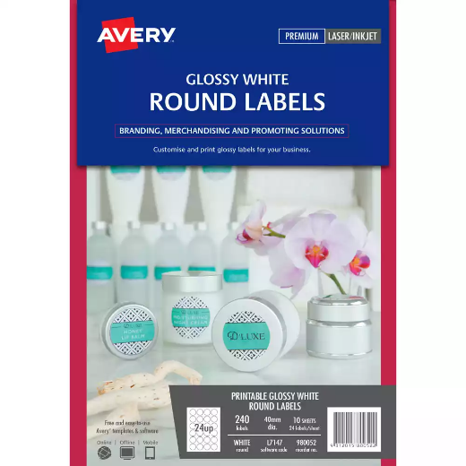 Picture of AVERY 980052 L7147 BLANK PRINTABLE LABELS ROUND LASER/INKJET 24UP GLOSSY WHITE PACK 240