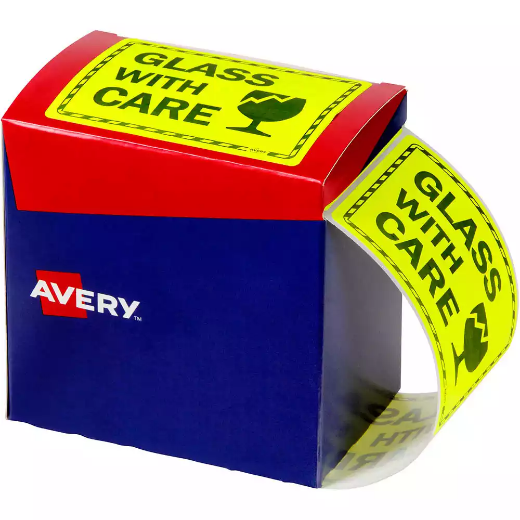 Picture of AVERY 932618 MESSAGE LABEL GLASS WITH CARE 75 X 99.6MM FLUORO YELLOW PACK 750