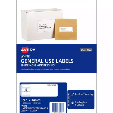 Picture of AVERY 938202 L7162 GENERAL USE LABEL LASER/INKJET 16UP WHITE PACK 100