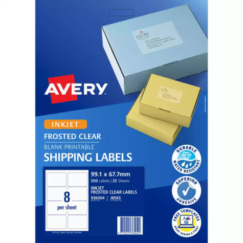 Picture of AVERY 936004 J8565 SHIPPING LABEL FROSTED INKJET 8UP CLEAR PACK 25