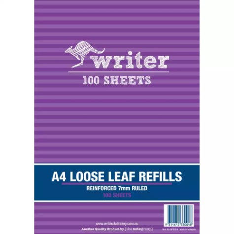 Picture of WRITER LOOSE LEAF REFILL REINFORCED 7MM RULED 60GSM A4 100 SHEET