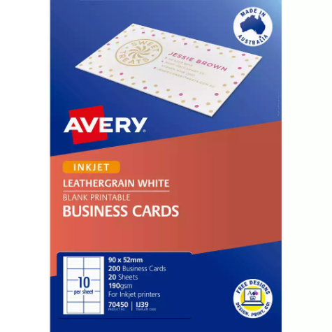 Picture of AVERY 70450 IJ39 LEATHERGRAIN BUSINESS CARD 200GSM 90 X 52MM WHITE PACK 200