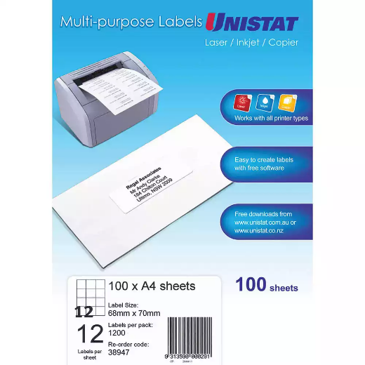 Picture of UNISTAT 38947 MULTI-PURPOSE LABEL 12UP 68 X 70MM WHITE PACK 100