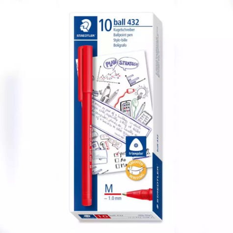 Picture of STAEDTLER 432 TRIANGULAR BALLPOINT STICK PEN MEDIUM RED BOX 10