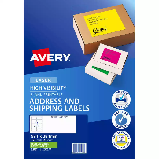 Picture of AVERY 35937 L7163FG HIGH VISIBILITY SHIPPING LABEL LASER 14UP FLUORO GREEN PACK 25