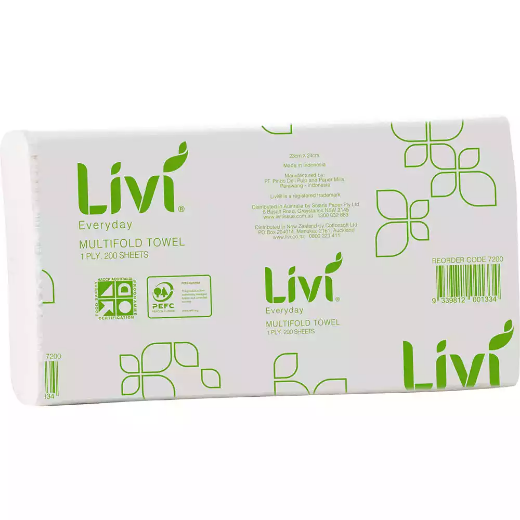 Picture of LIVI BASICS MULTIFOLD HAND TOWEL 1-PLY 200 SHEET 230 X 225MM CARTON 20