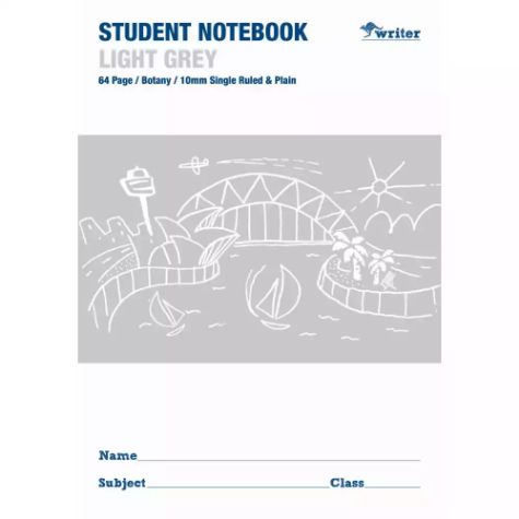 Picture of WRITER STUDENT NOTEBOOK PLAIN/SINGLE RULED 10MM 64 PAGE 250 X 175MM LIGHT GREY