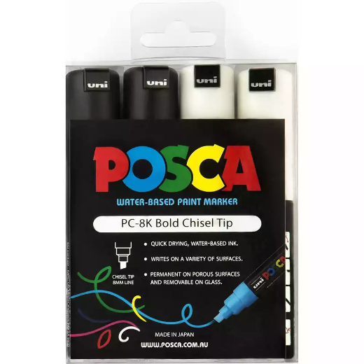 Picture of POSCA PC-8K PAINT MARKER CHISEL BROAD 8MM BLACK / WHITE PACK 4