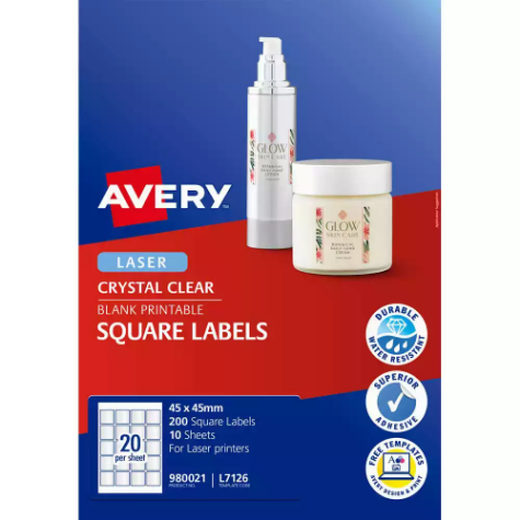 Picture of AVERY 980021 L7126 BLANK PRINTABLE LABELS RECTANGLE LASER 20UP CRYSTAL CLEAR PACK 10