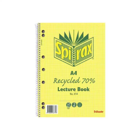 Picture of SPIRAX 814 LECTURE BOOK 7MM RULED 7 HOLE PUNCHED 100% RECYCLED SPIRAL BOUND A4 140 PAGE