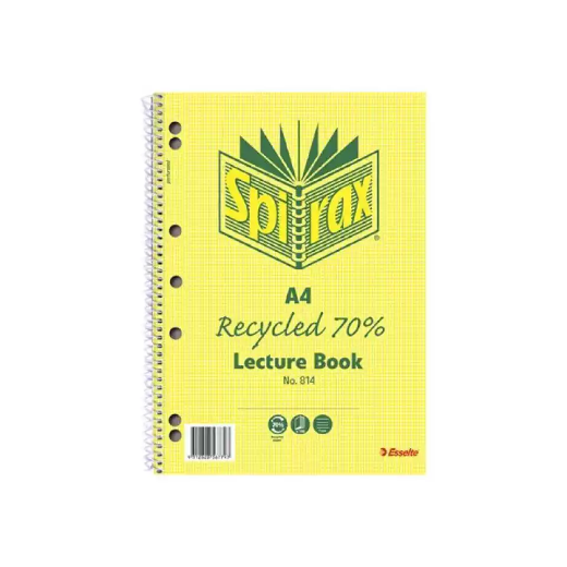 Picture of SPIRAX 814 LECTURE BOOK 7MM RULED 7 HOLE PUNCHED 100% RECYCLED SPIRAL BOUND A4 140 PAGE