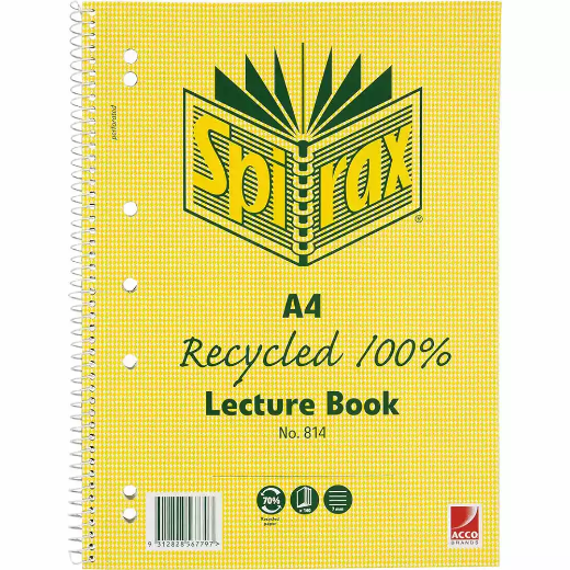 Picture of SPIRAX 814 LECTURE BOOK 7MM RULED 7 HOLE PUNCHED 100% RECYCLED SPIRAL BOUND A4 140 PAGE