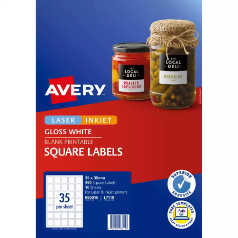 Picture of AVERY 980015 L7119 BLANK PRINTABLE LABELS SQUARE LASER/INKJET 35UP GLOSS WHITE PACK 10