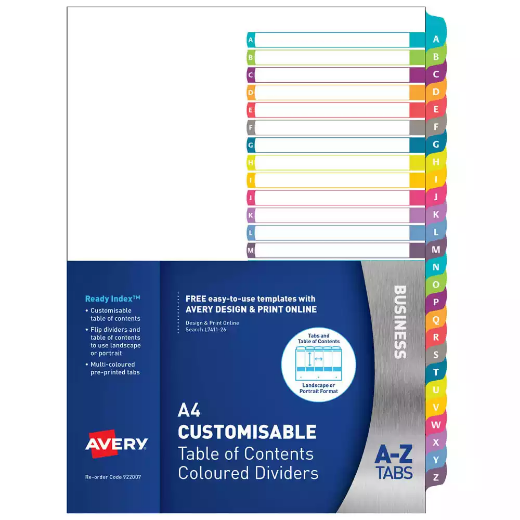 Picture of AVERY 922007 L7411-26 CUSTOMISABLE TABLE OF CONTENTS COLOURED DIVIDERS A-Z TABS A4