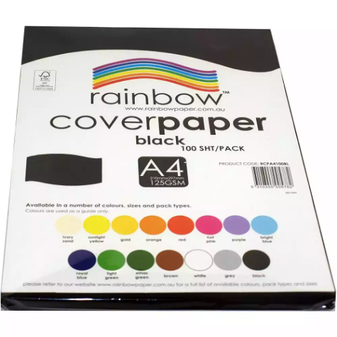 Picture of RAINBOW COVER PAPER 125GSM A4 BLACK PACK 100