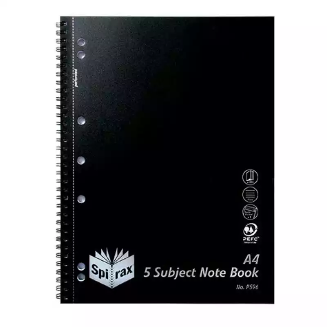 Picture of SPIRAX P596 5-SUBJECT NOTEBOOK 7MM RULED SIDE OPEN A4 250 PAGE BLACK