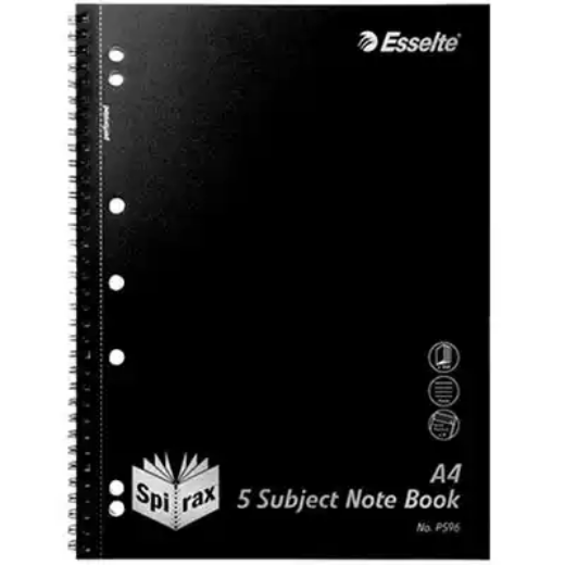 Picture of SPIRAX P596 5-SUBJECT NOTEBOOK 7MM RULED SIDE OPEN A4 250 PAGE BLACK