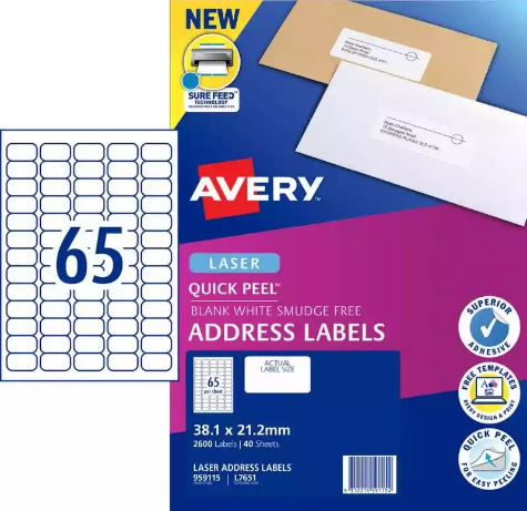 Picture of AVERY 959115 L7651 QUICK PEEL ADDRESS LABEL WITH SURE FEED LASER 65UP WHITE PACK 40