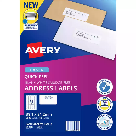 Picture of AVERY 959115 L7651 QUICK PEEL ADDRESS LABEL WITH SURE FEED LASER 65UP WHITE PACK 40