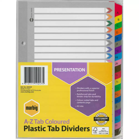 Picture of MARBIG INDEX DIVIDER REINFORCED MANILLA A-Z TAB A5 ASSORTED