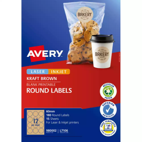 Picture of AVERY 980002 L7106 BLANK PRINTABLE LABELS ROUND LASER/INKJET 12UP KRAFT BROWN PACK 180