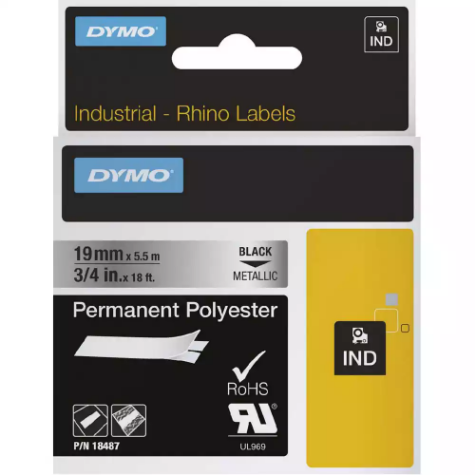 Picture of DYMO 18487 RHINO INDUSTRIAL TAPE PERMANENT POLYESTER 19MM BLACK ON METALLIC