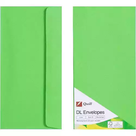 Picture of QUILL DL COLOURED ENVELOPES PLAINFACE STRIP SEAL 80GSM 110 X 220MM LIME PACK 25