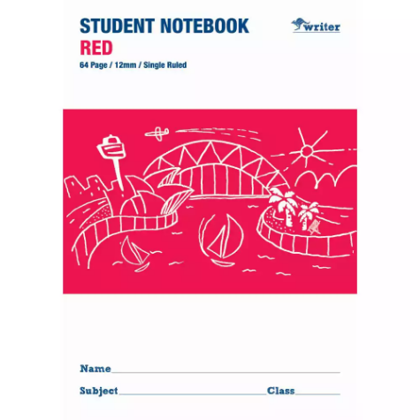 Picture of WRITER STUDENT NOTEBOOK 12MM SINGLE RULED 64 PAGE 250 X 175MM RED