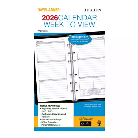 Picture of DEBDEN DAYPLANNER PR2700 PERSONAL EDITION REFILL WEEK TO VIEW 172 X 96MM