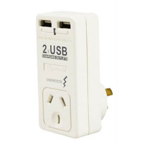 Picture of ITALPLAST POWER SINGLE ADAPTOR WITH SURGE PROTECTION / 2 X USB WHITE