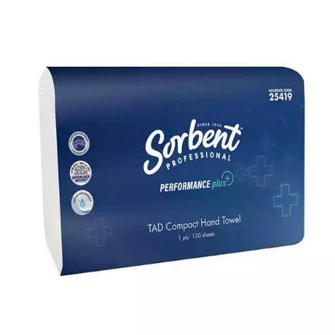 Picture of SORBENT PROFESSIONAL PERFORMANCE PLUS 25419 TAD COMPACT HAND TOWEL 1 PLY 120 SHEETS CARTON 20
