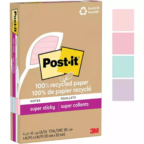 Picture of POST-IT 4621R-4SSNRP SUPER STICKY NOTES 101 X 152MM RECYCLED LINED WANDERLUST PASTELS PACK 4